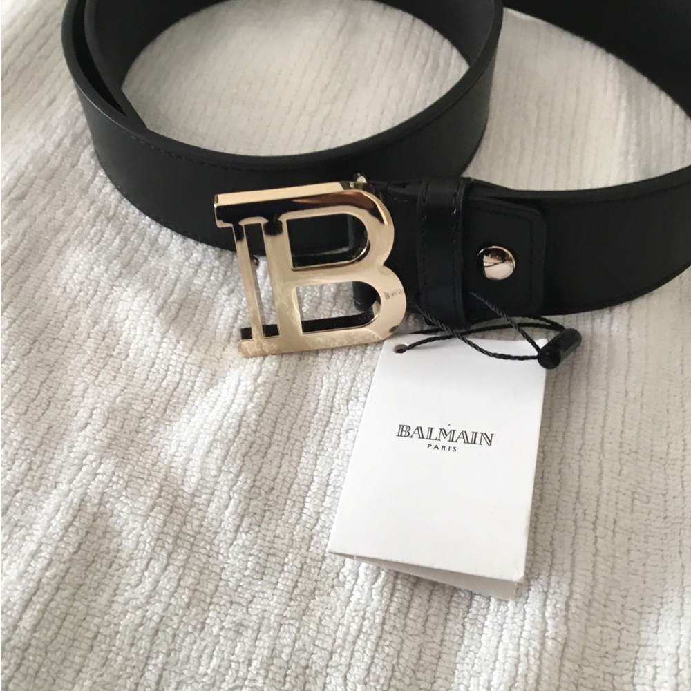 Balmain Black Leather Logo-Embossed Belt with  Shine Gold 100% authentic